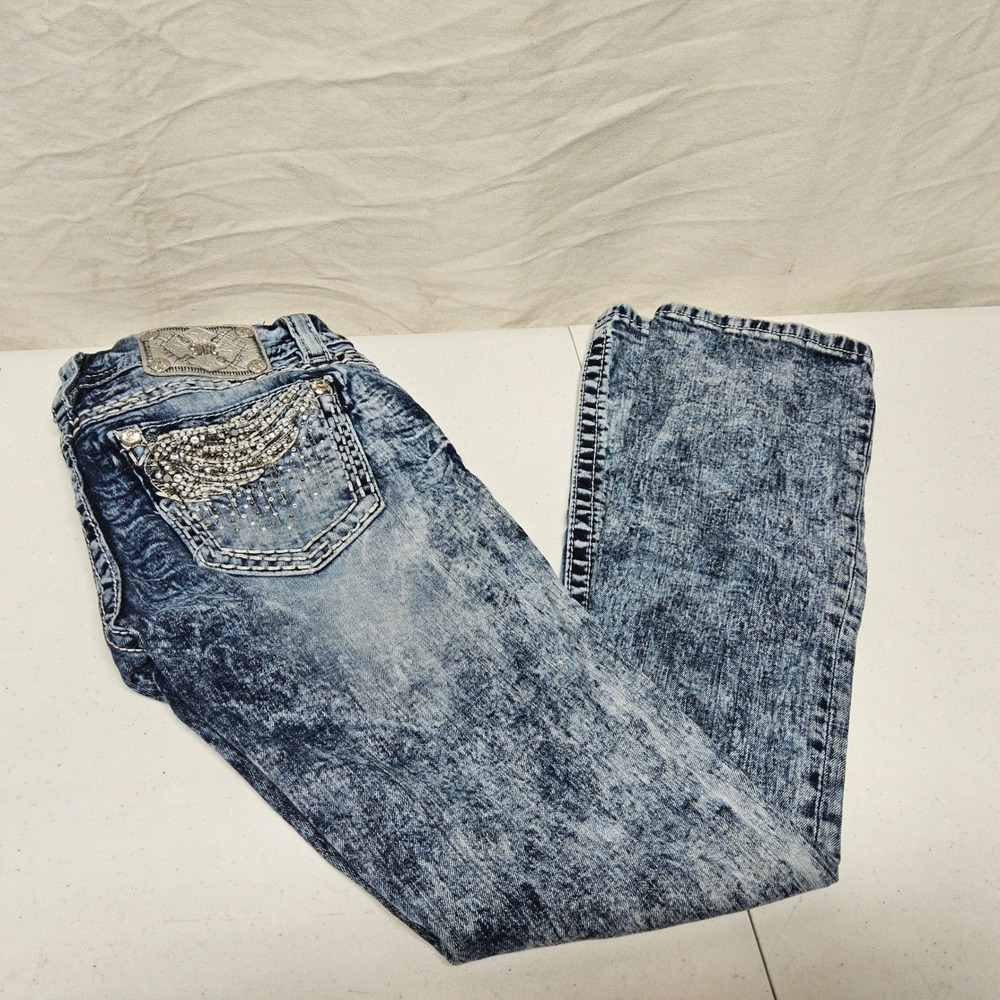 Miss Me Signature Boot Jeans Womens 26 Blue Acid Wash Embellished Low Rise 31x26